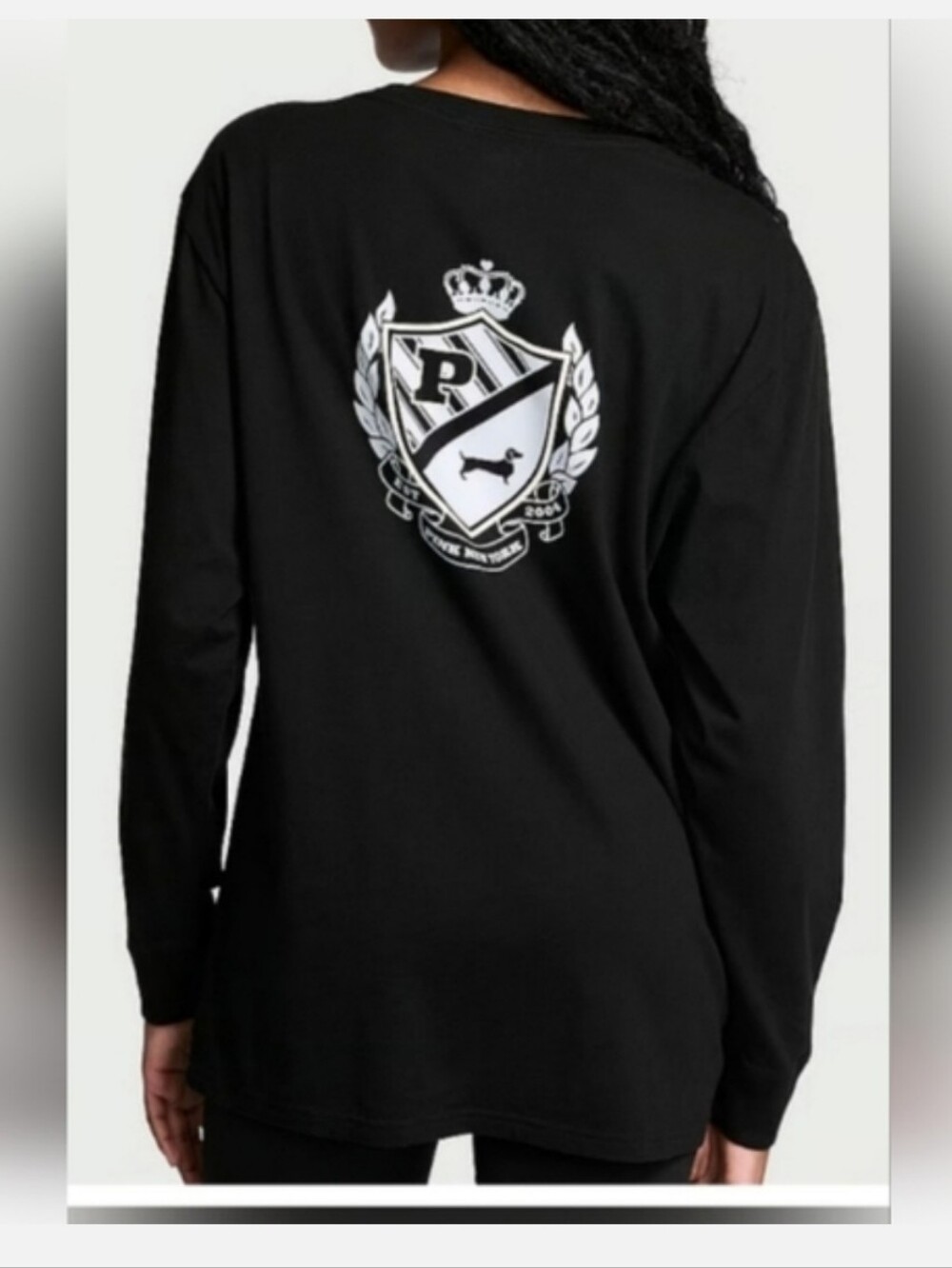 Victoria's secret pink NEW! oversized long-sleeve campus tee XLARGE BLACK